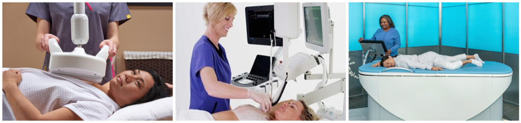 3 images showing Automated breast ultrasound, semi-automated ultrasound, ultrasound tomography.