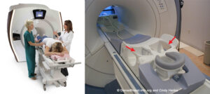 On left, woman lays flat on MRI bed with assistance from two medical professionals. On right a close of view of the MRI bed. 