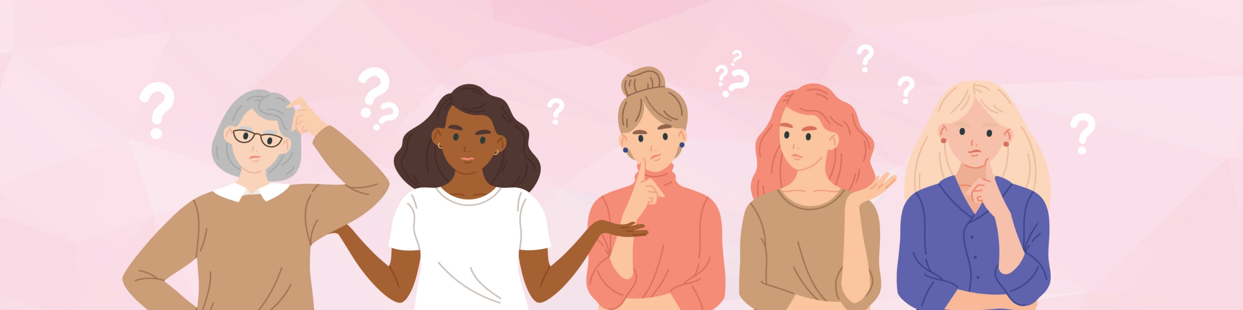 cartoon illustration of 5 women with question marks